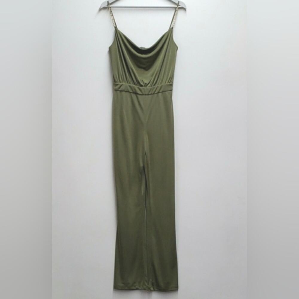 Jason Wu Cowl Neck Embellished Golden Straps Jumpsuit in Green Women's Small